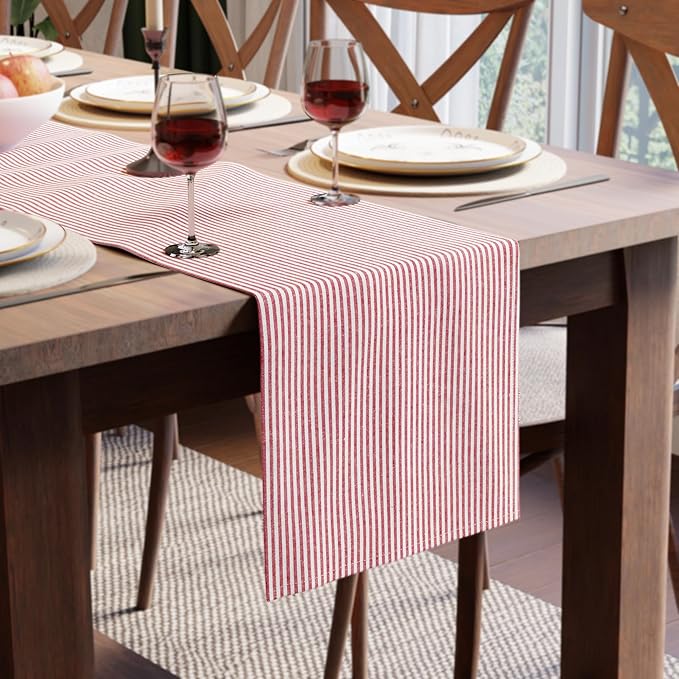 Encasa XO Cotton Dining Table Runner | Ticking Red | Size 13x59 in - Machine Washable & Durable