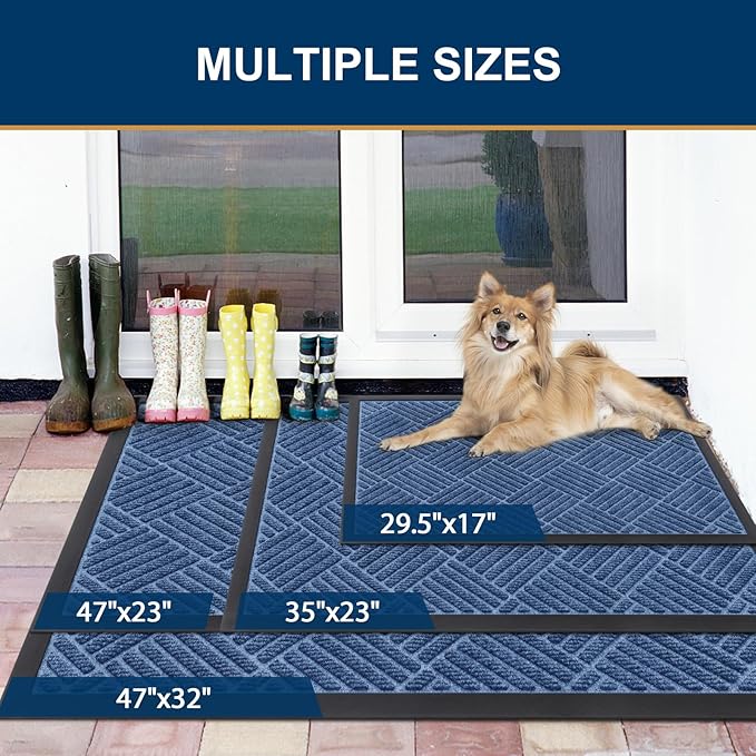 Smiry Front Door Mat Outside Entrance, Heavy Duty Outdoor Indoor Mat, Natural Rubber Doormat, Non Slip, Trap Dirt and Moisture, Easy Clean, Low Profile Patio Porch Entryway Mat, 59x23, Blue