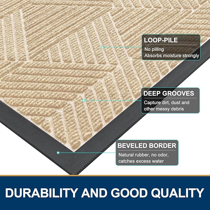 Smiry Front Door Mat Outside Entrance, Heavy Duty Sturdy Natural Rubber Doormat, Trap Dirt and Moisture, Easy Clean Low Profile Mats for Indoor Outdoor Entry, Irregular Triangle (59x35, Beige)