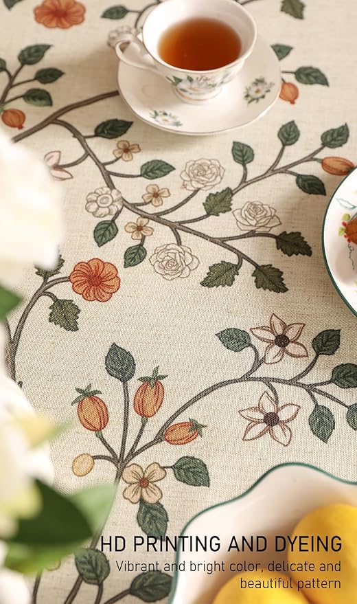 ISAENNE Designer Floral Table Cloth for Rectangle Table,French Linen Light Beige Indoor Tablecloth,Fall Wrinkle Resistant Decor Tablecloths for Dining Thanksgiving Kitchen,55"*79"-Flora A