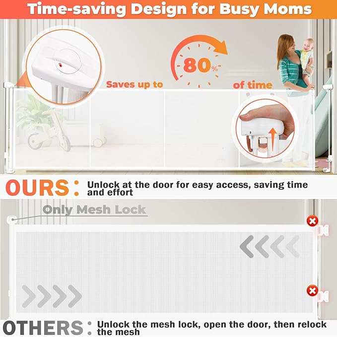 Retractable Baby Gates Dog Gate - 200" Extra Wide Expandable Child Safety Gate, 37" Tall Toddler Pet Mesh Gate with Reinforced Strips for Doorways, Stairs, Hallways, Outdoor & Indoor Large Openings
