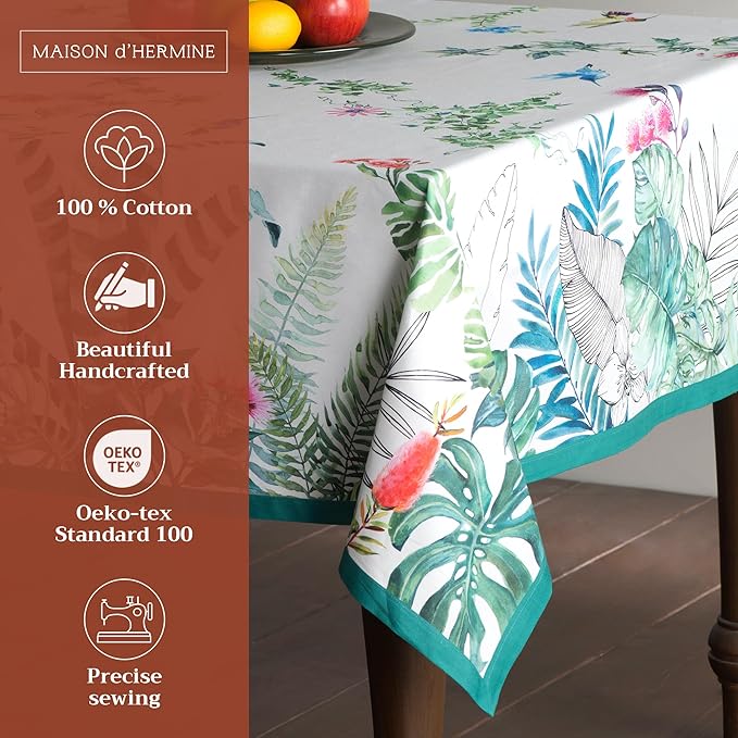 Maison d' Hermine Table Cloth Rectangle Table 100% Cotton 70 x 108 Inches Tablecloth Reusable Decorative for Dining Room, Farmhouse, Home, Party, Festive & Wedding Spring Summer - Tropiques