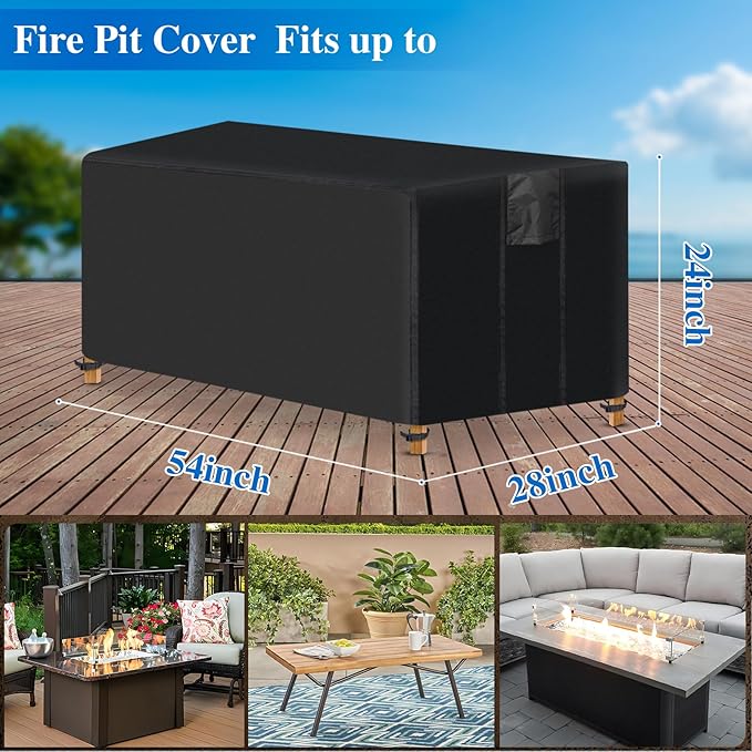 Fire Pit Cover Rectangular- Waterproof Firepit Cover (54L x 28W x 24H inches, Black) Outdoor Fireplace Cover Weatherproof and Non Fading