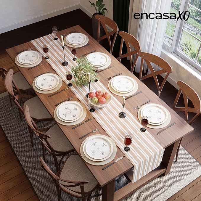 Encasa XO Cotton Dining Table Runner | Franca Beige Stripes | Size 13x91 in - Machine Washable & Durable