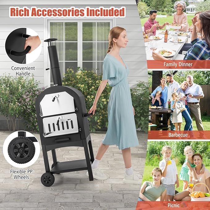 Giantex Wood Fired Pizza Oven with Pizza Stone, Peel, Waterproof Cover, Cooking Grids, Wheels for Outside Camping, Outdoor Backyard Party (64 Inch)
