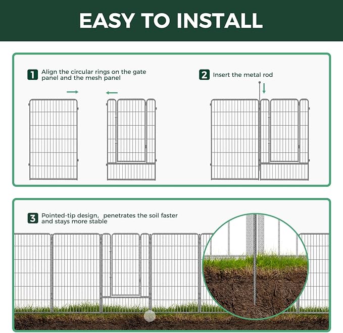 FXW Garden Fence Outdoor for The Yard – 45in(H) x 72.9ft(L) Heavy Duty Metal Animal Barrier for Dog and Rabbit, Decorative Dog Fence, 32 Panels, Silver