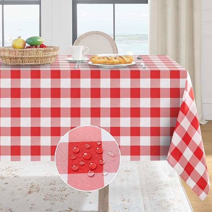 Softalker Gingham Checkered Tablecloth Rectangle - Outdoor Waterproof Buffalo Plaid Table Cloth, Stain Resistant Washable Table Cover for Picnic, Camping, Dining - Red and White, 60 x 120 Inch
