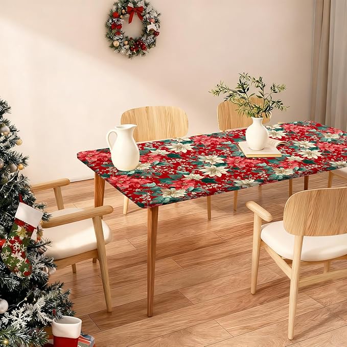 Rectangle Table Cloth Cover Waterproof Elastic Fitted Polyester Fitted Tablecloths for 8 Foot Tables for Indoor,Picnic, Camping, Outdoor （96" x 30"，Christmas Flowers）