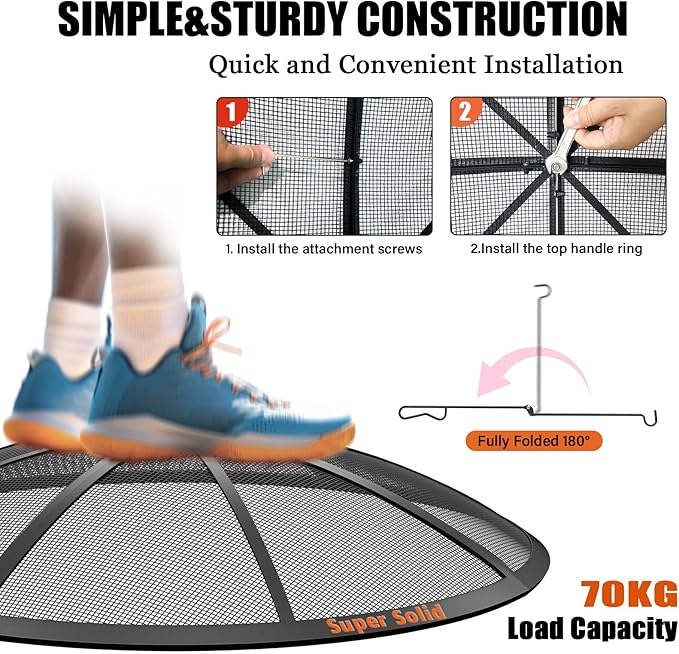 Fire Pit Spark Screen, 40Inch Fire Pit Lid Outdoor with Handle & Poker, Heavy-Duty Mesh Firepit Cove with 12 Reinforced Bars for Backyard/Beach/RV Camping