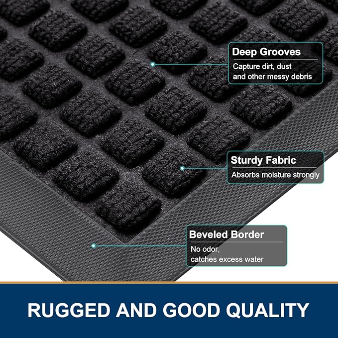 Smiry Front Door Mat Outside Entrance, Heavy Duty Natural Rubber Doormat, Non Slip, Trap Dirt and Moisture, Easy Clean, Low Profile Welcome Floor Mats for Indoor Outdoor Entry, 70x46.5 Inch, Black