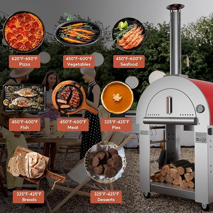 Empava Pizza Oven with Open Shelf and Wheels for Outdoor Kitchen, Wood Fire for Grill & Camping Backyard Party in Stainless Steel, 38.6Inch, Italian Red