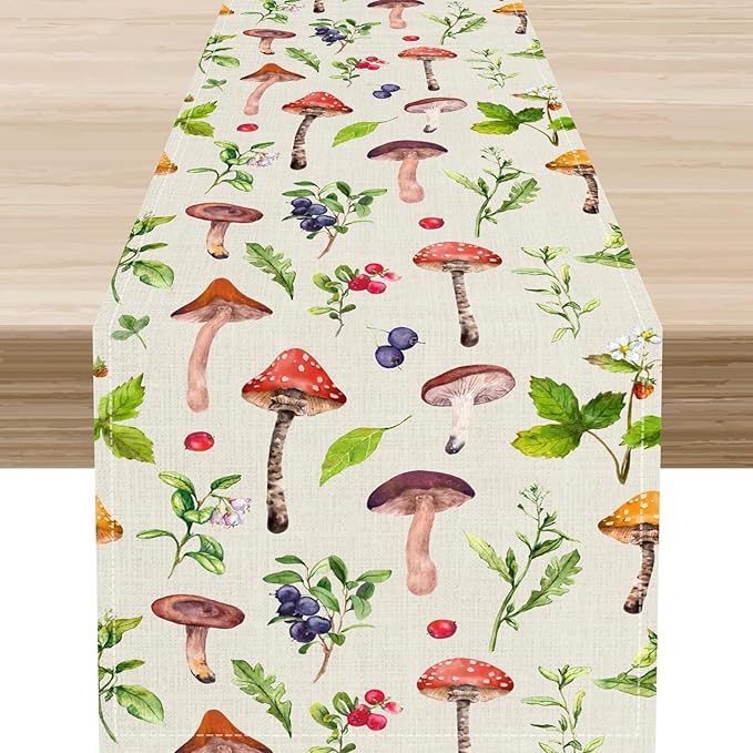 Mushroom Table Runner, Rustic Farmhouse Forest Plants Botanical Wildfloral Coffee Table Center Decor for Home Kitchen Dining Patio Holiday Party Indoor Outdoor Table Decorations, 13"x36" Inch