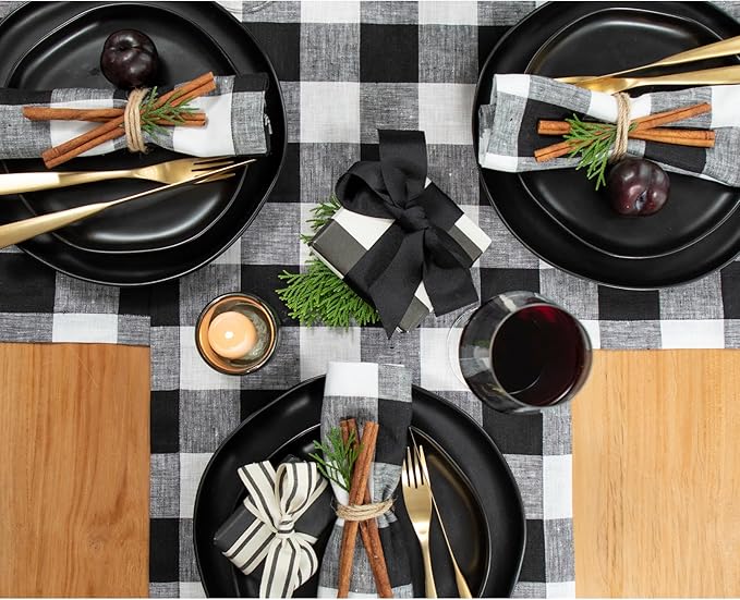 Solino Home Linen Checkered Table Runner 108 Inches Long - 100% Pure Linen Black and White Buffalo Check Table Runner 14 x 108 Inch Ideal for Dining