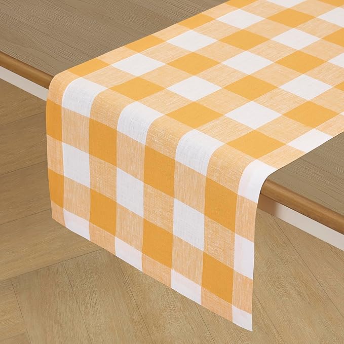 Solino Home Linen Checkered Table Runner 120 Inches Long - 100% Pure Linen Buffalo Check Mustard and White Table Runner 14 x 120 Inch Ideal for Dining, Spring, Easter