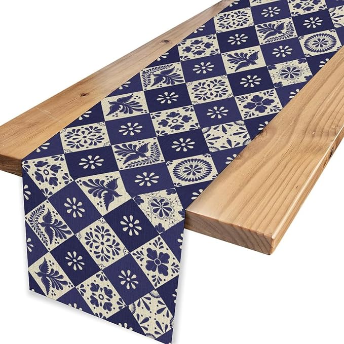 Floral Birds Mexican Table Runner, Blue Mexico Talavera Ceramic Tiles Cinco De Mayo Azulejo Coffee Table Center Decor for Family Kitchen and Dining Patio Indoor Outdoor Table Decorations, 13" X 108"