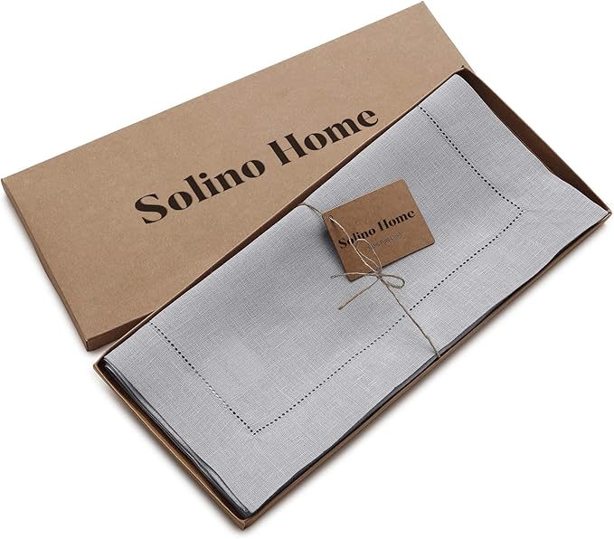 Solino Home Linen Soft Grey Table Runner 72 Inches Long - 100% Pure Linen Hemstitch Table Runner 14 x 72 Inch for Dresser, Dining, Spring, Easter - Classic Hemstitch