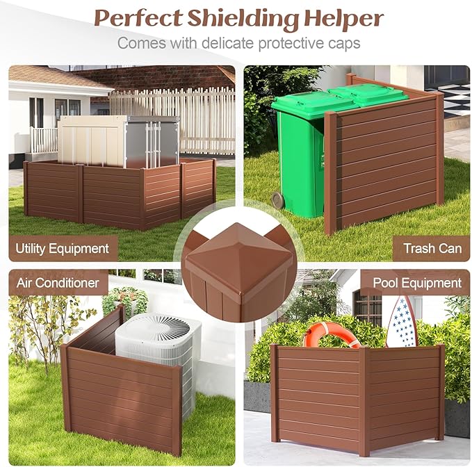 Giantex Air Conditioner Fence 4 Panels - 48''W x 36''H Outdoor Privacy Screen Trash Can Enclosure with Stakes, PVC Vinyl Freestanding Picket Fences for Garden Patio Lawn AC Unit Pool Pump, Brown