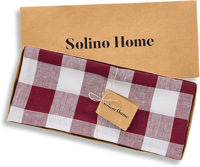 Solino Home Checkered Table Runner 36 Inches - 100% Pure Linen Burgundy and White Buffalo Check Table Runner 14 x 36 Inch Ideal for Dresser and Coffee Tables - Valentines