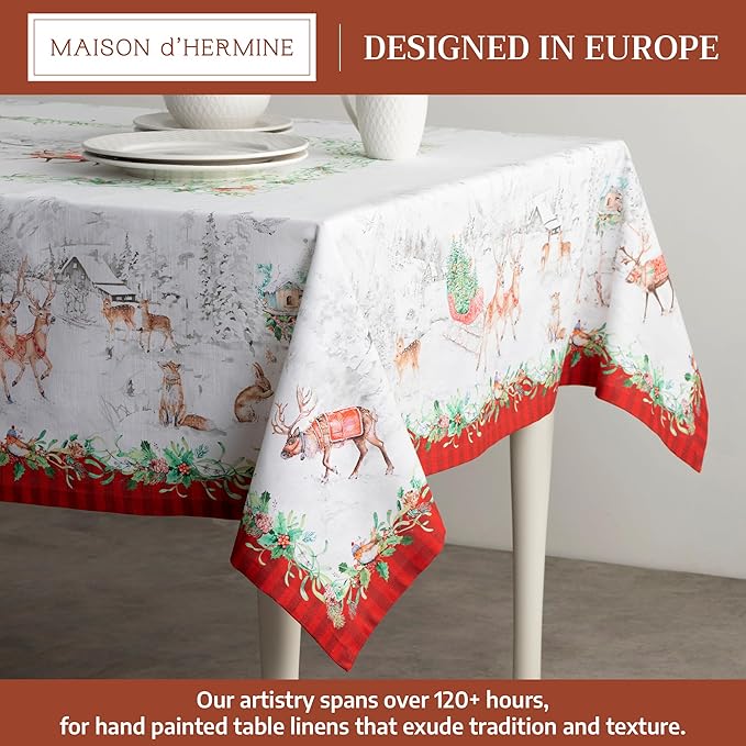 Maison d' Hermine Table Cloth Rectangle Table 100% Cotton 70 x 120 Inches Fall Tablecloth Reusable Everyday Use for Thanksgiving Christmas Decorations Dining Farmhouse Party (Christmas Tradition)