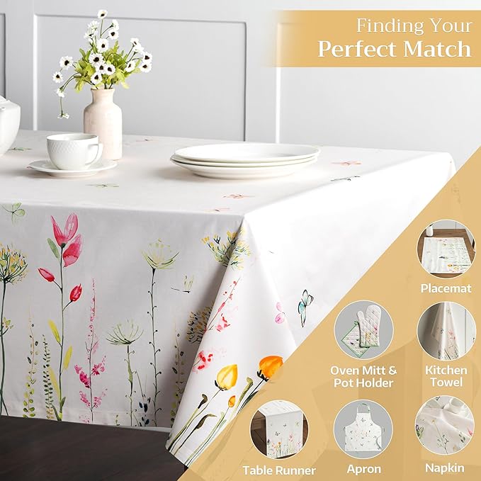 Maison d' Hermine Table Cloth Rectangle Table 100% Cotton 70 x 90 Inches Tablecloth Reusable Decorative for Dining Room, Farmhouse, Home, Party, Festive & Wedding Spring Summer - Botanical Fresh