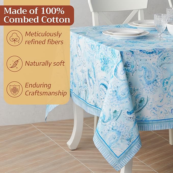 Maison d' Hermine Premium Table Cloth Square Table 100% Combed Cotton 70 x 70 Inches Tablecloth Reusable Decorative for Dining Room, Farmhouse, Home, Party, Festive & Wedding - Paisley Blues