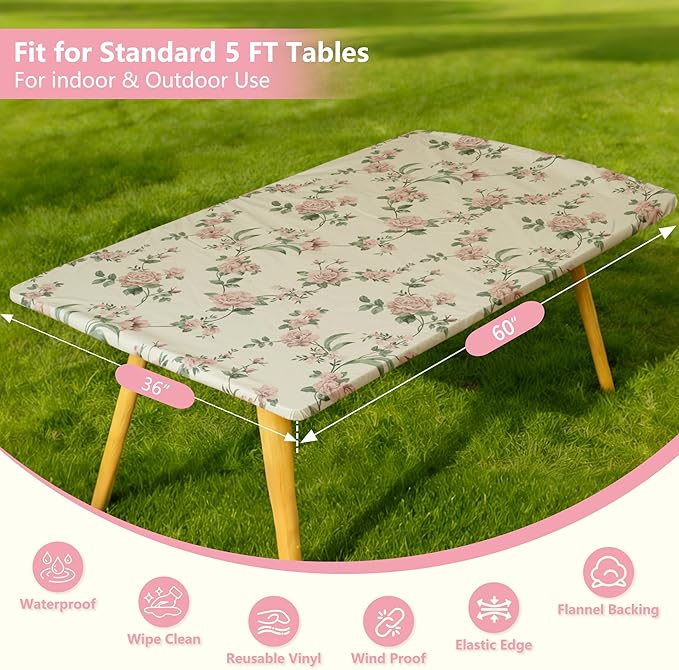 Rectangle Picnic Table Cloth, Elastic Waterproof Fitted Vinyl Tablecloths for 5 Foot Tables, Wipeable Flannel Backed Table Covers for Dining, Camping, Outdoor(Rose,36"x60")