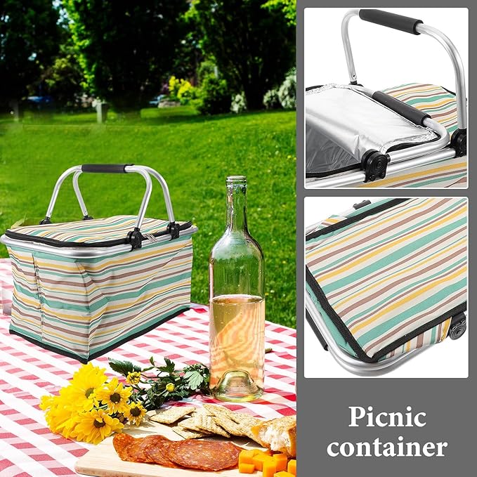 GALPADA Insulated Picnic Basket Multi-Function Cooler Bag for Outdoor Dining Foldable Thermal Tote Thick Aluminum Film Yellow-Green Pattern Without Ice Pack