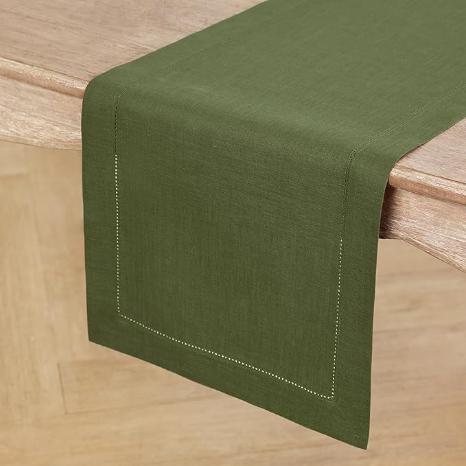 Solino Home Linen Table Runner 60 Inches - 100% Pure Linen Olive Hemstitch Table Runner 14 x 60 Inch Ideal for Dresser and Coffee Tables - Classic Hemstitch - St Patricks Day