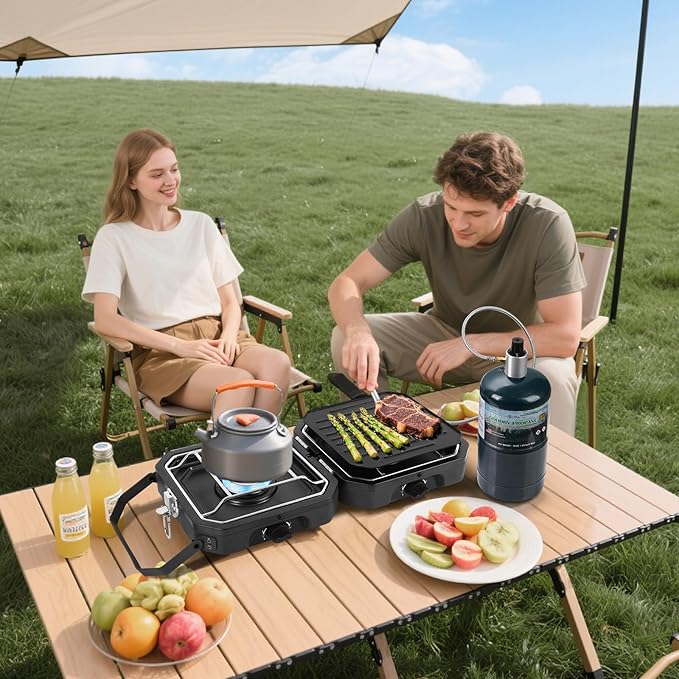 2 Burner Propane Camping Stove With Grill,Portable Foldable Camp Stove With 17000BTU, Two Piezo Ignition Adjustable Windproof Burners forCamping, Grilling, Tailgating, & More (Black)