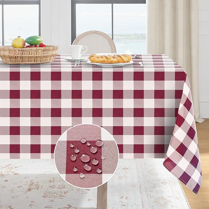 Softalker Gingham Checkered Tablecloth Rectangle - Outdoor Waterproof Buffalo Plaid Table Cloth, Stain Resistant Washable Table Cover for Picnic, Camping, Dining - Burgundy and White, 60 x 84 Inch