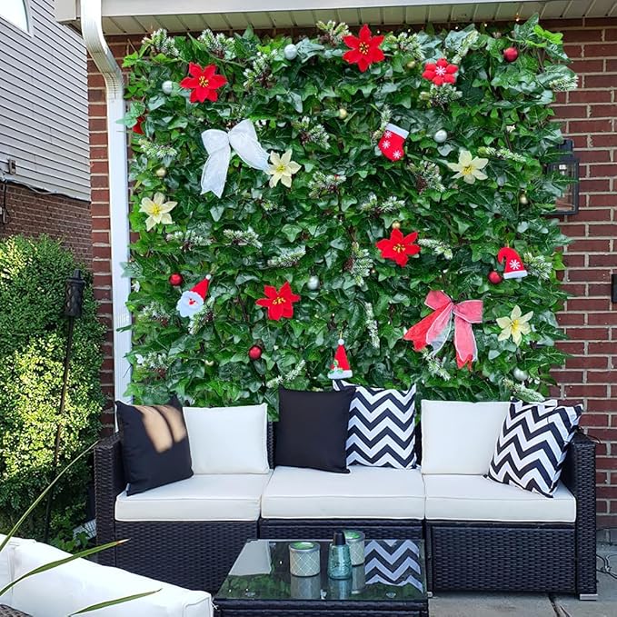 Expandable Fence Privacy Screen for Balcony Patio Outdoor,Decorative Faux Ivy Fencing Panel,Artificial Hedges (Single Sided Leaves) (2, Christmas-Ivy)
