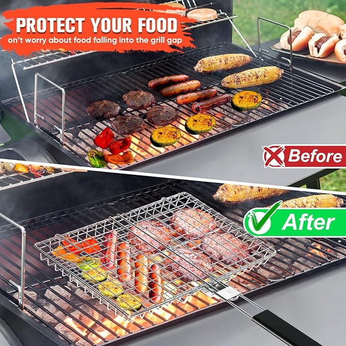 Grill Basket for Outdoor Grill, Stainless Steel Grilling Basket with Foldable Handle, Portable BBQ Cooking Rack for Fish, Vegetables, Shrimp, Chicken - Includes BBQ Skewers 6pcs,Basting Brush,Scrub Sponge-Upgrade