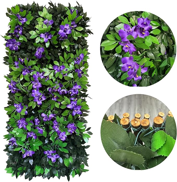 Expandable Fence Privacy Screen for Balcony Patio Outdoor,Decorative Faux Ivy Fencing Panel,Artificial Hedges (Single Sided Leaves) (1, Branches -Purple Fowers)