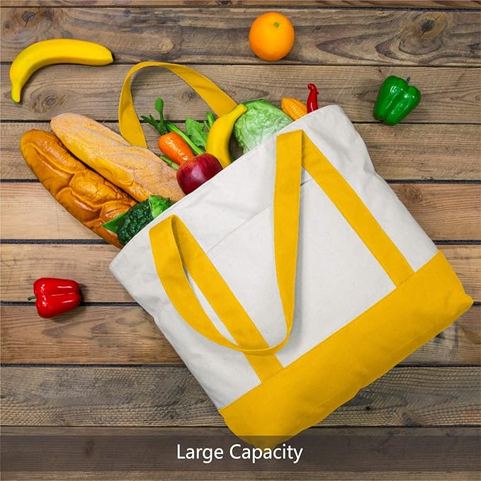 TOPDesign 3-Pack Canvas Tote Bags with an External Pocket, Reusable Grocery Shopping Bags, Top Zipper Closure, Daily Essentials (Yellow/Natural)