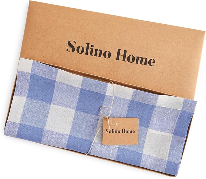Solino Home Linen Checkered Table Runner 108 Inches Long - 100% Pure Linen Hydrangea Blue Buffalo Check Table Runner 14 x 108 Inch Ideal for Dining, Winter, Spring, Easter