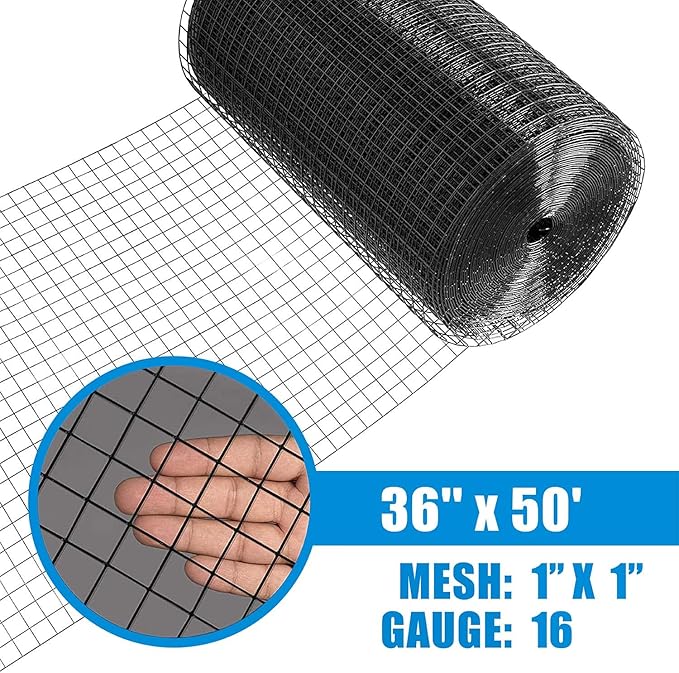 Fencer Wire 16 Gauge Black Vinyl Coated Welded Wire Mesh Size 1 inch by 1 inch for Home and Garden Fence, Protect Chickens Rabbits and Farmed Animals (c. 3 ft. x 50 ft.)