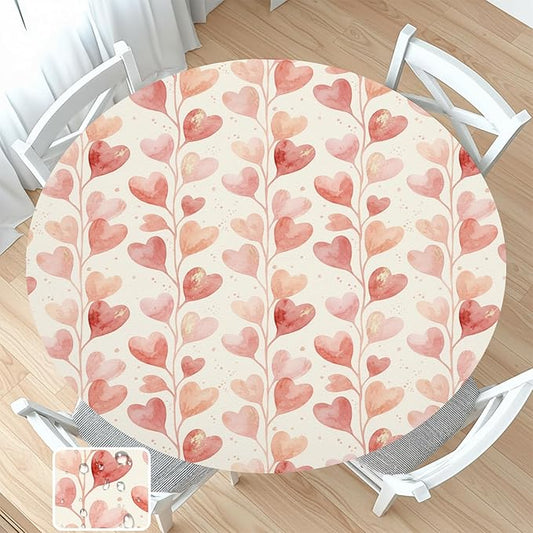 Valentines Day Round Fitted Tablecloth with Elastic Pink Love Heart Circle Table Cloth for 40-44" Round Tables Wipeable Waterproof Washable Valentine Hearts Table Cover for Picnic Dining Party Decor