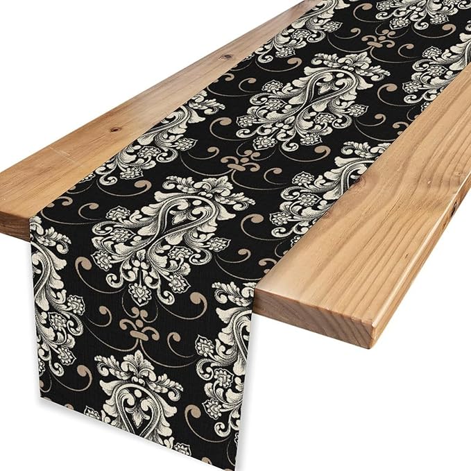 Goth Table Runner, Antique Gothic Damask Pattern Baroque Style Black Floral Flower Exotic Coffee Vintage Table Center Decor for Kitchen and Dining Outdoor Country Party Table Decorations, 13"x72"
