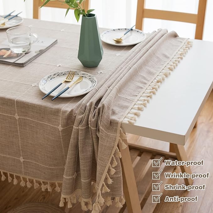 Pahajim Rustic Linen Tablecloth Cotton Rectangle Table Cloth for Kitchen Dining with Tassel Plaid Waterproof Tablecloths Square,55''x55'',4 Seats