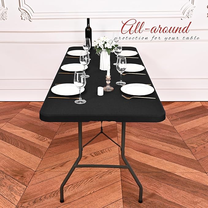 10 Pack Stretch Fabric Table Top Cap Cover, fits 8Ft Tables, Spandex Table Covers Washable Elastic Universal Rectangle Tablecloth Protector for Indoor Outdoor Party Picnic Wedding, Black,30" W x 96" L