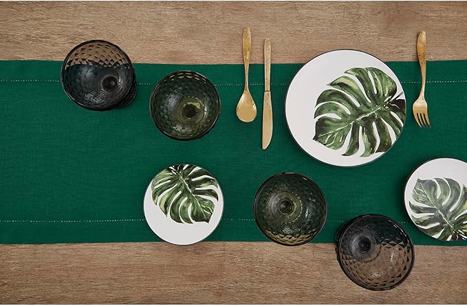 Solino Home Linen Rainforest Green Table Runner 90 Inches Long - 100% Pure Linen Hemstitch 14 x 90 Inch Table Runner for Dining, St Patricks Day - Classic Hemstitch