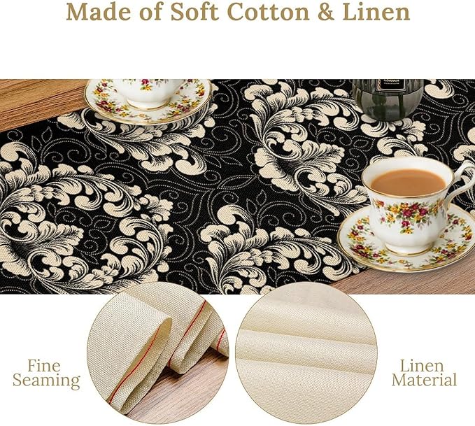 Gothic Table Runner, Retro Black Damask Baroque Style Floral Bohemian Exotic Coffee Vintage Table Center Decor for Kitchen and Dining Outdoor Home Country Party Table Decorations, 13"x108"