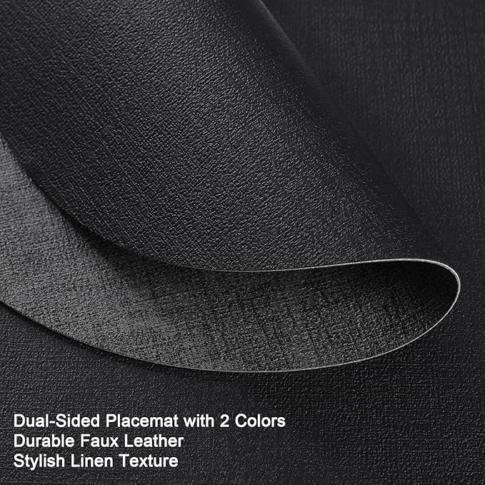 Placemats and Coasters, Washable Reversible Placemats Round Faux Leather Wipeable Place Mats Non Slip Heat Resistant Indoor Outdoor Table Mats (Set of 6, Gray Black)