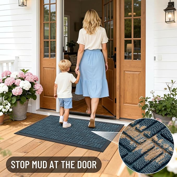 OLANLY Front Door Mat Outside Entrance 29.5x17, Absorbent, Heavy Duty Sturdy Natural Rubber Doormat Indoor Outdoor, Non-Slip, Stain and Fade Resistant, Low Profile Floor Mat for Entryway, Lake Blue