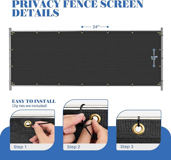 ECOOPTS 8'x142' Privacy Fence Screen Windscreen with Copper Grommets, Fit for Commercial Fence and Residential Garden Outdoor 90% UV Blockage, Cable Zip Ties Included (Black)
