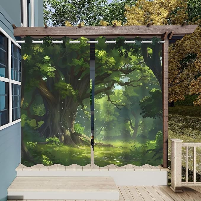 Nature Theme Outdoor Curtains for Patio Waterproof,Forest Pattern,Weatherproof Outside Curtain for Cabana, Porch, Pergola and Gazebo,Set of 2 Panels,W42 x L84,Green
