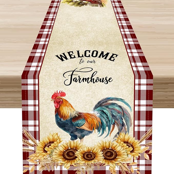 Rooster Table Runner, Farmhouse Red Plaid Sunflower Floral Chicken Farm Cow Pig Rustic Coffee Table Center Decor for Family Kitchen and Dining Room Outdoor Country Party Table Decorations, 13"x72"