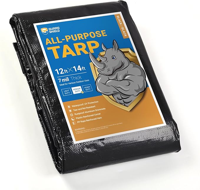 GUARD SHIELD Black Tarp Waterproof 12x14 Feet Medium Duty All Purpose Poly Tarps Cover 7mil