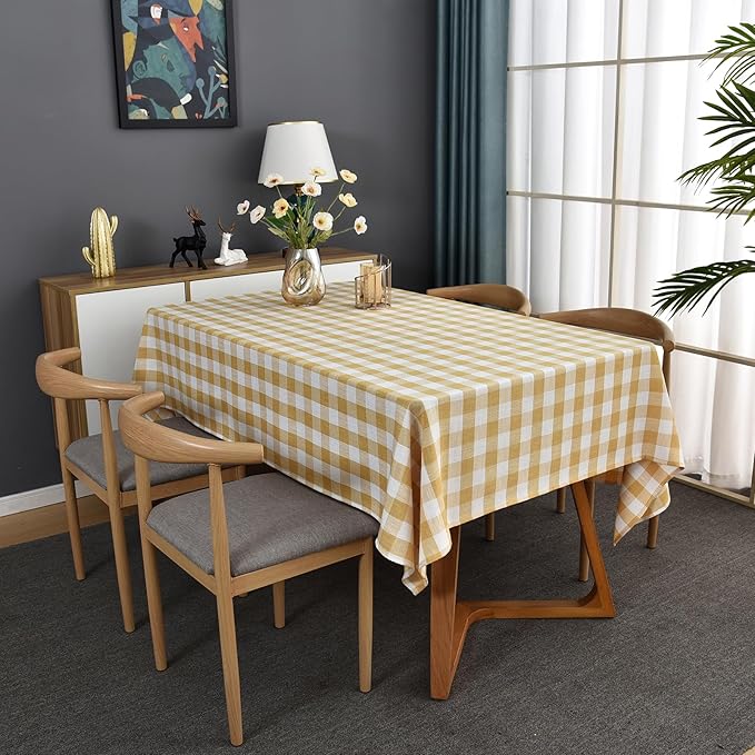 Gingham Table Cloth for Rectangle Tables Yellow Checkered Plaid Tablecloth Heavy Duty Cotton Blend Washable & Wrinkle Table Cover for Outdoor Kitchen Dining Picnic Camping (52x86 Inch)