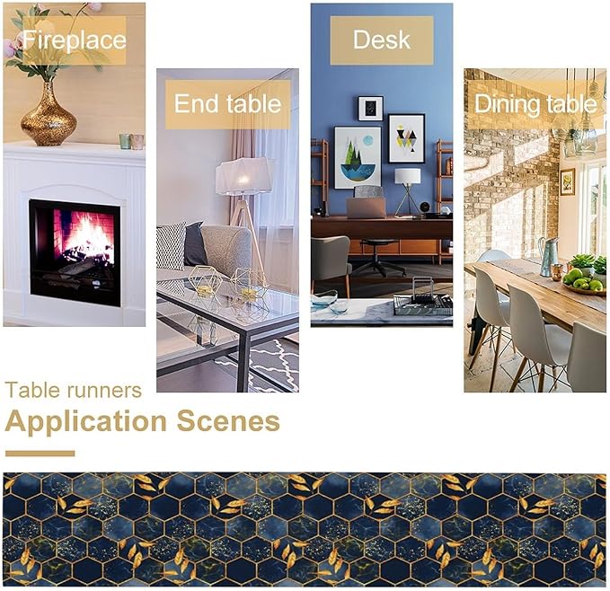 Marble Table Runner, Dark Blue Gold Modern Marble Leaf Aesthetic Geometric Table Runner for Indoor Home Living Room Party Dining Kitchen 13x70in